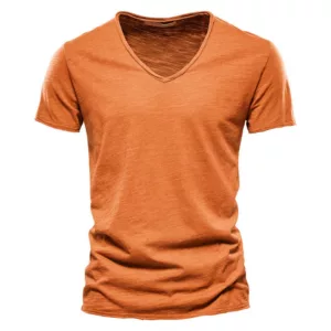 Orange V-neck T-shirt on white background