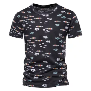 Men's fish patterned black t-shirt.