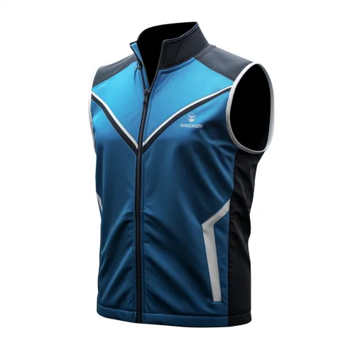 Men's blue sleeveless athletic jacket with zip-up front.