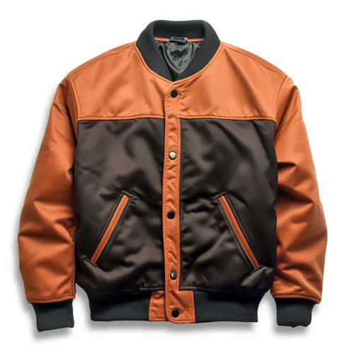 Orange and black varsity jacket with front pockets.