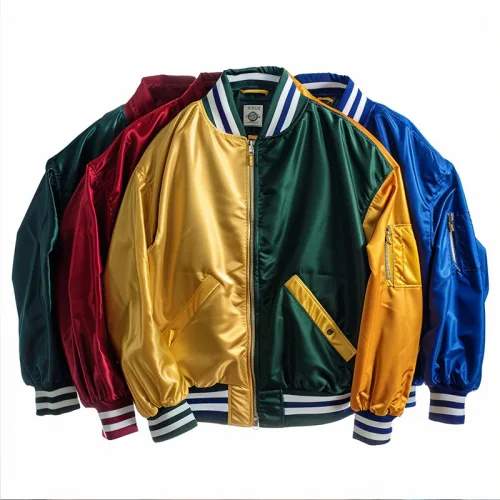 Colorful satin bomber jackets in red, green, yellow, and blue.